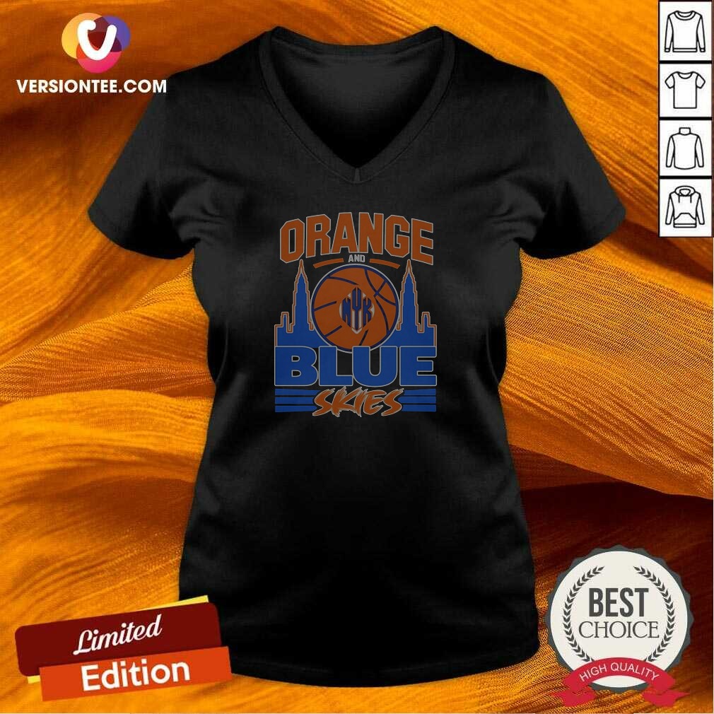 Good Orange And Blue Skies New York Knicks Basketball Team Logo Skyline V Neck Shirt v neck optimized in vibrant orange and blue colors