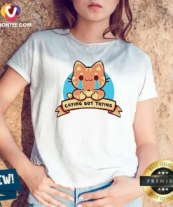 Pretty Crying But Trying Tabby Cat Kitten Emotional Support Mental Health Awareness V Neck Shirt optimized for v neck fit