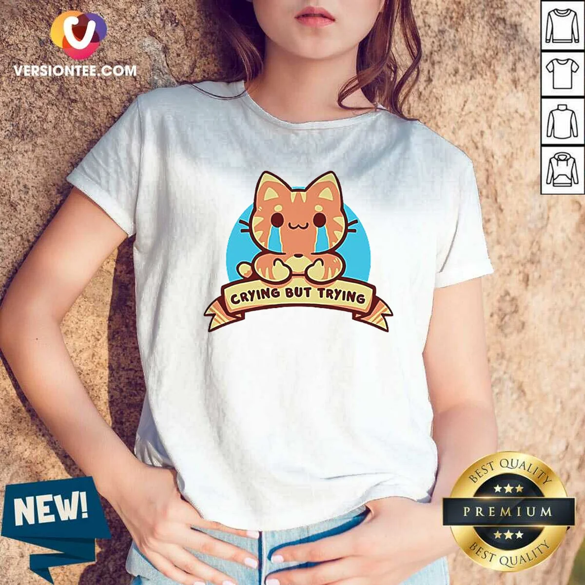 Pretty Crying But Trying Tabby Cat V-Neck Shirt Pretty Crying But Trying Tabby Cat V-Neck Shirt