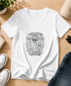 Awesome Brain Eater Splash Zone Line Art Copy V Neck Shirt in white, featuring a bold line art design on a comfortable v neck garment