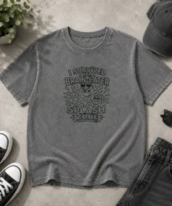 Awesome Brain Eater Splash Zone Line Art Copy printed on a soft washed t shirt in light grey