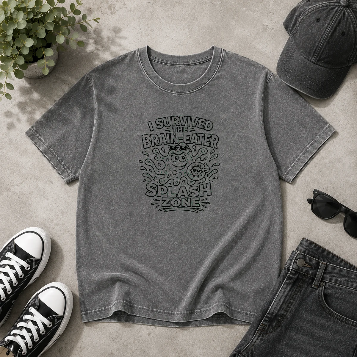Awesome Brain Eater Splash Zone Line Art Copy printed on a soft washed t shirt in light grey