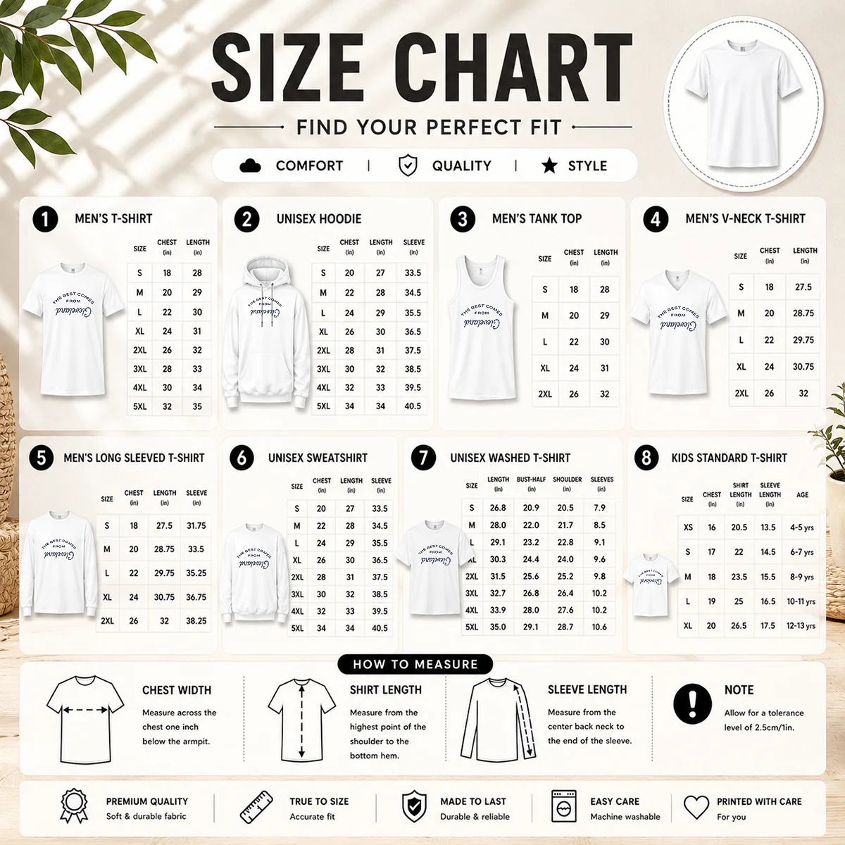 Good The Best Comes From Cleveland Ohio City Pride Size Chart Size chart for Good The Best Comes From Cleveland Ohio City Pride with measurements in inches and cm
