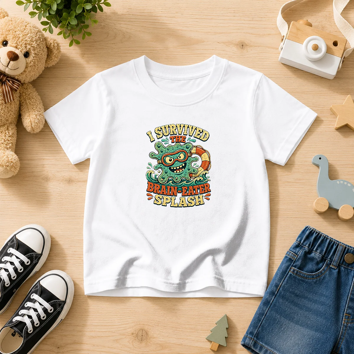 Good Vintage Brain Eater Splash Survivor Retro Copy Kids T Shirt featuring colorful retro graphic on a comfortable kid's short sleeve tee