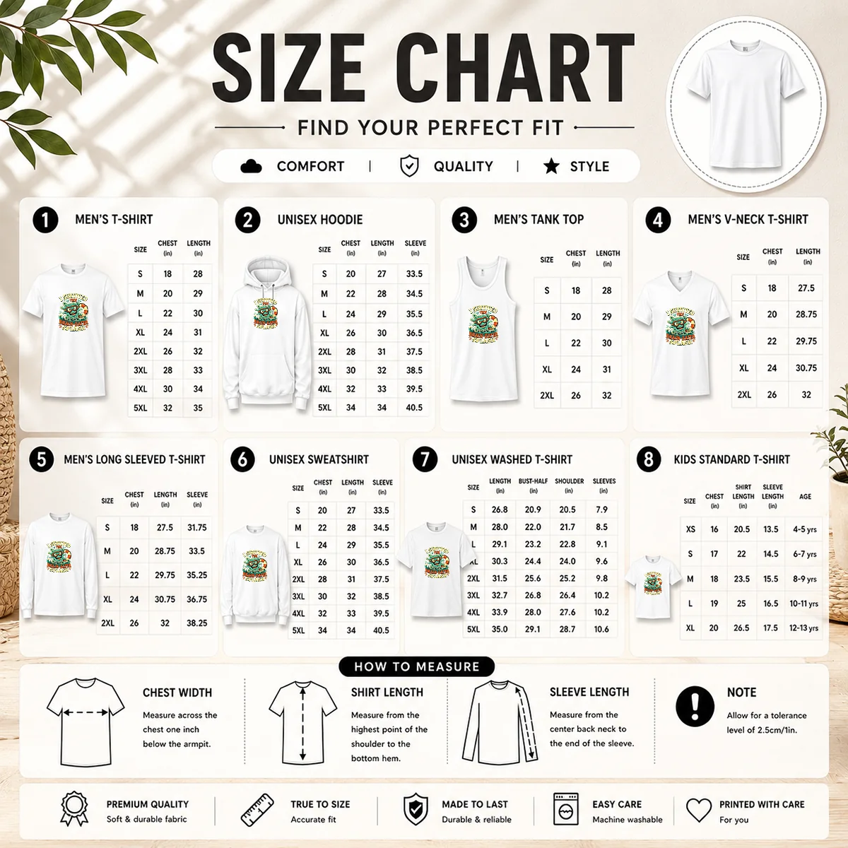 Good Vintage Brain Eater Splash Survivor Retro Copy Size Chart Size chart for Good Vintage Brain Eater Splash Survivor Retro Copy with measurements in inches and cm