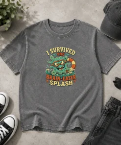 Good Vintage Brain Eater Splash Survivor Retro Copy Washed T Shirt in faded vintage style with soft fabric texture