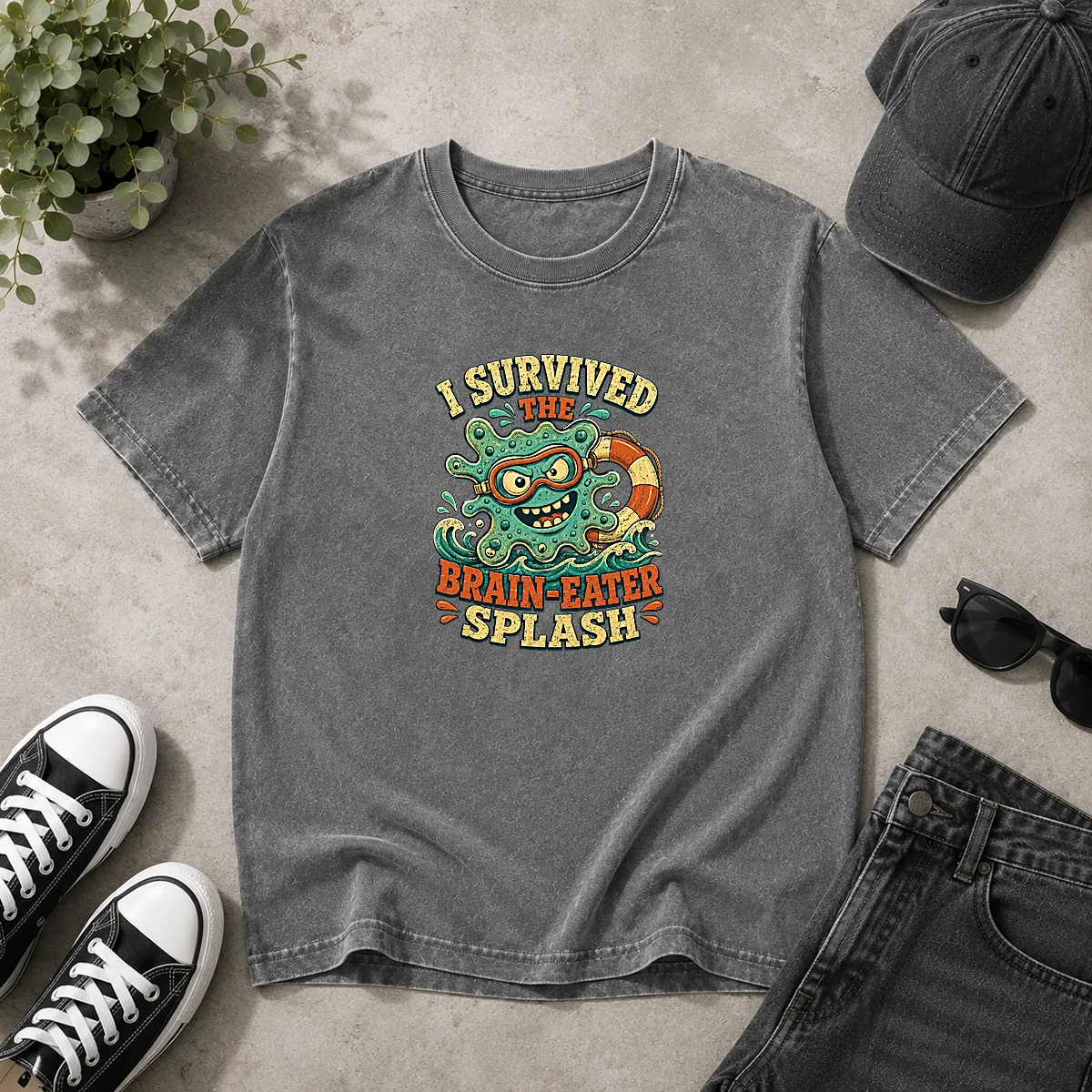 Good Vintage Brain Eater Splash Survivor Retro Copy Washed T Shirt in faded vintage style with soft fabric texture