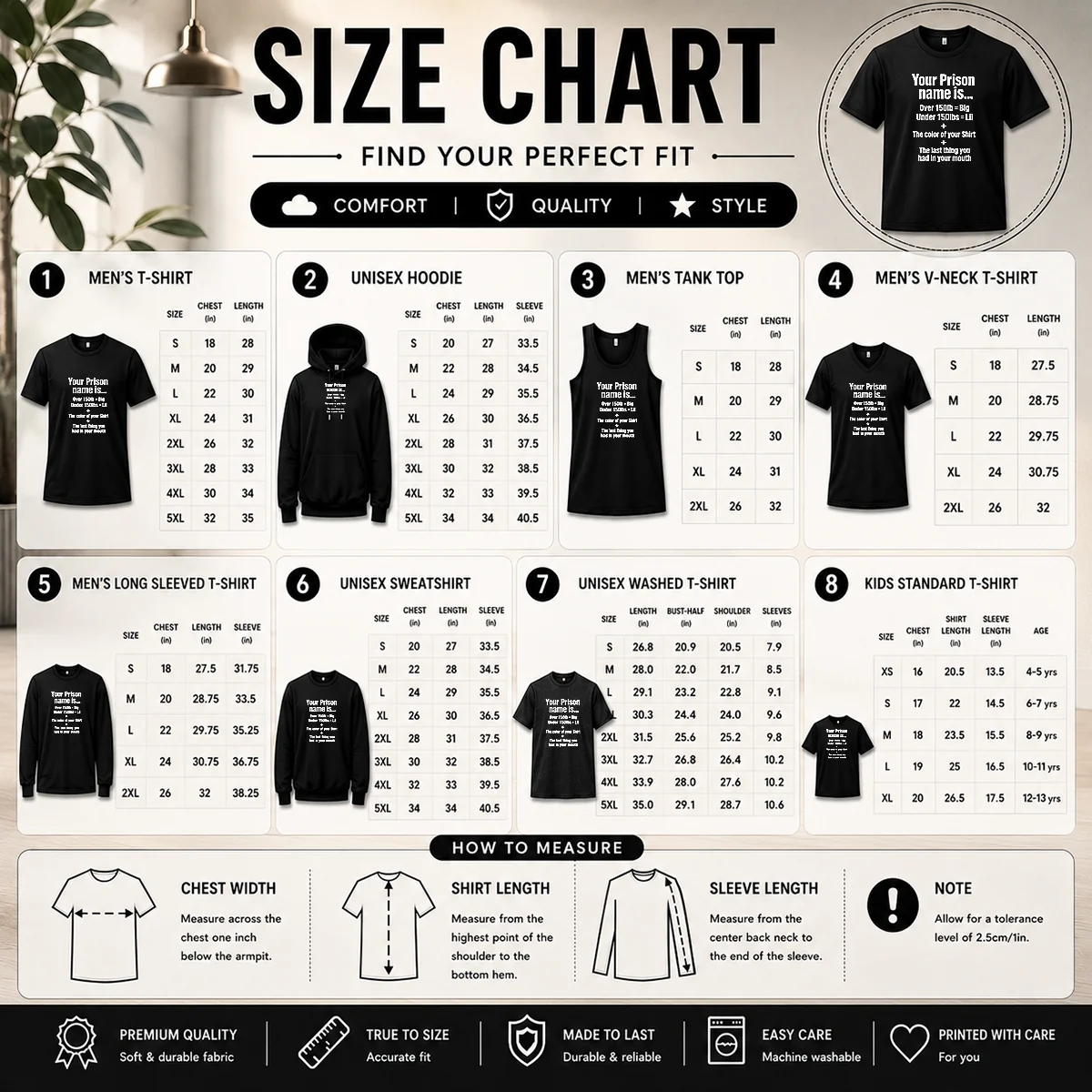 Good Your Prison Name Is The Last Thing You Had In Your Mouth Size Chart Size chart for Good Your Prison Name Is The Last Thing You Had In Your Mouth with measurements in inches and cm