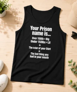 Good Your Prison Name Is The Last Thing You Had In Your Mouth tank top in black, sleeveless casual wear with bold white text print