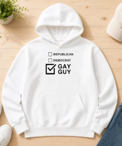 Hot Gay Guy Republican Democrat Ballot Election Checkbox Humor Hoodie in black, front view with bold colorful text and checkbox design