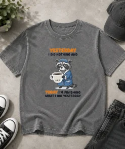 Hot Raccoon Yesterday I Did Nothing And Today Im Finishing What I Did Yesterday Washed T-Shirt