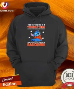 Hot Stitch This Getting Old Is A Terrible Thing I Blacked Out For Twenty Minutes This Morning hoodie in black, front view with printed text design