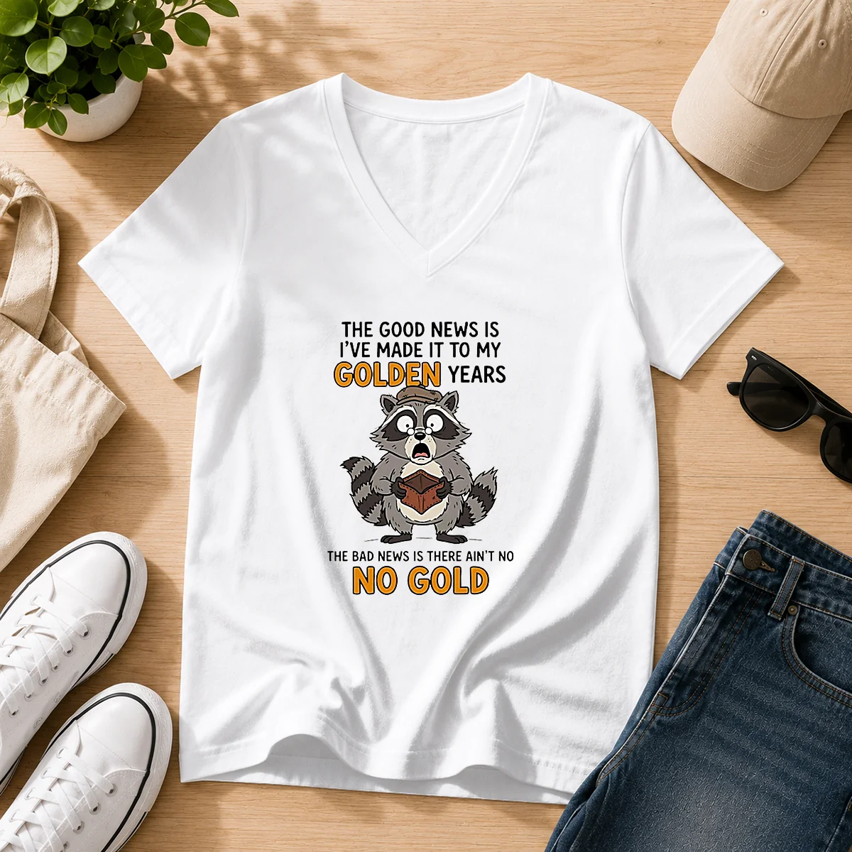 Nice Raccoon The Good News Is Ive Made It To My Golden Years The Bad News Is There Aint No No G V Neck Shirt in heather gray