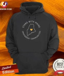 Nice Stand With Maine Immigrant Communities Solidarity Hoodie in black, front view with drawstring hood and kangaroo pocket