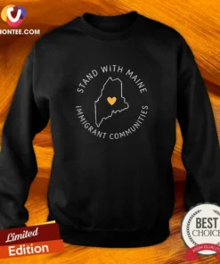 Nice Stand With Maine Immigrant Communities Solidarity Sweatshirt in dark grey, front view, crewneck long sleeve