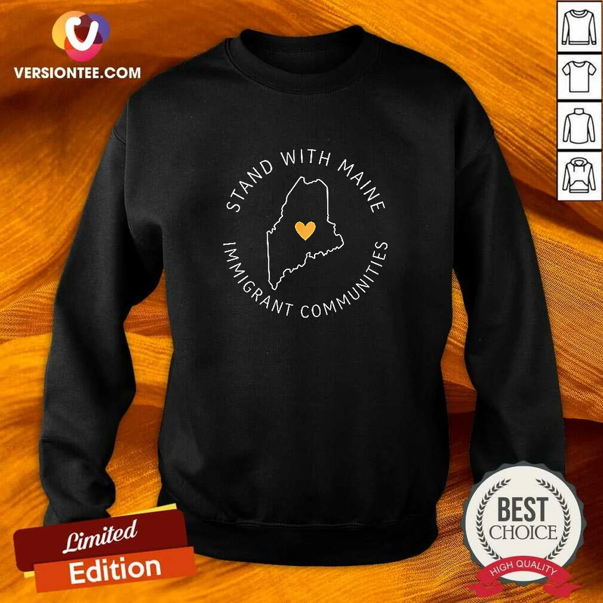 Nice Stand With Maine Immigrant Communities Solidarity Sweatshirt in dark grey, front view, crewneck long sleeve