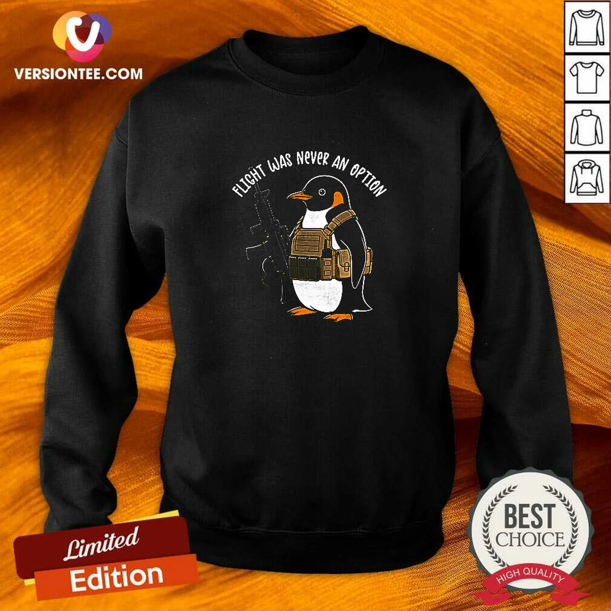 Pretty Flight Was Never An Option Tactical Penguin Funny Meme Sweatshirt in dark grey, crewneck style
