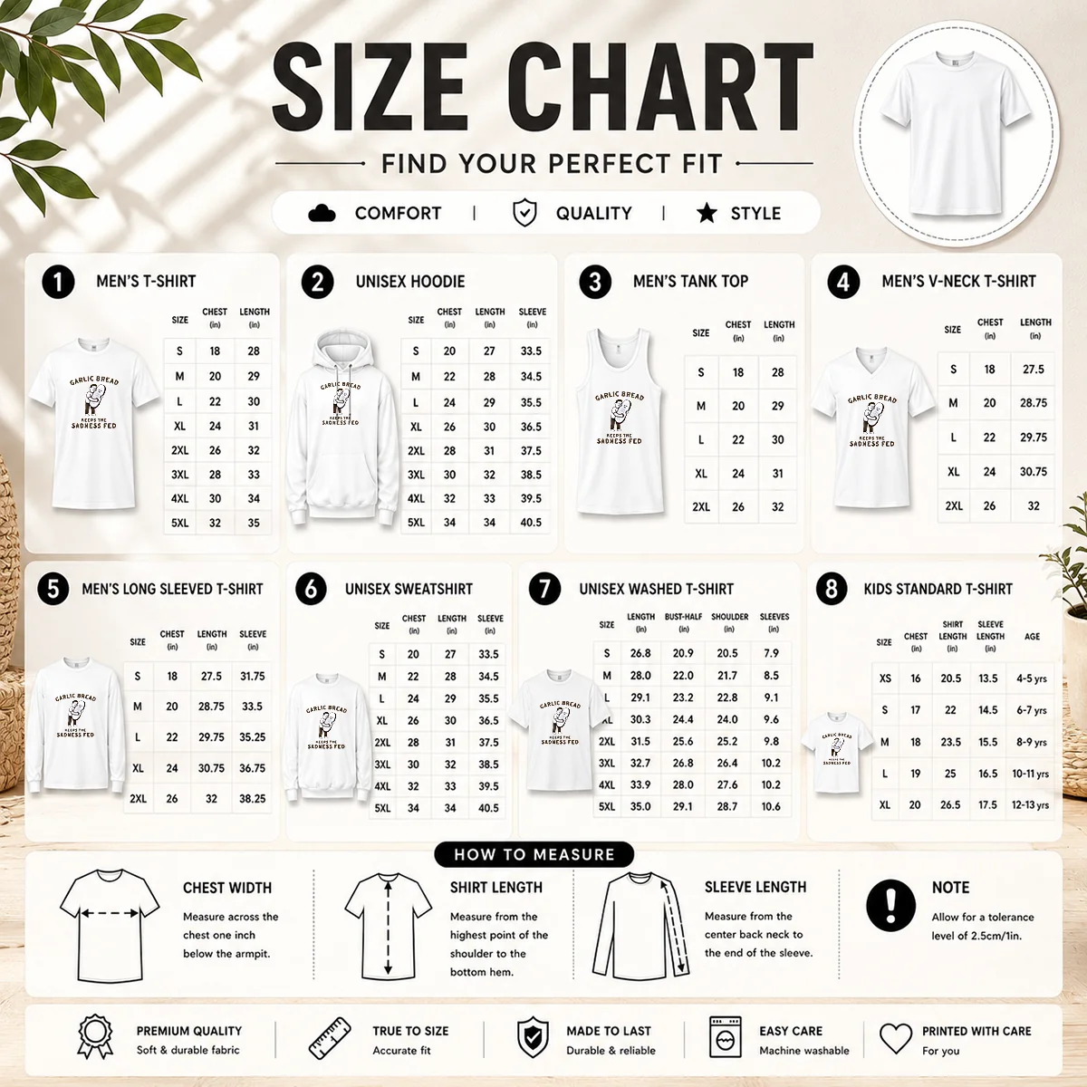 Pretty Garlic Bread Keeps The Sadness Fed Food Size Chart Size chart for Pretty Garlic Bread Keeps The Sadness Fed Food with measurements in inches and cm