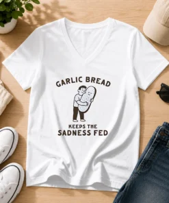 Pretty Garlic Bread Keeps The Sadness Fed Food V Neck Shirt in soft fabric with short sleeves