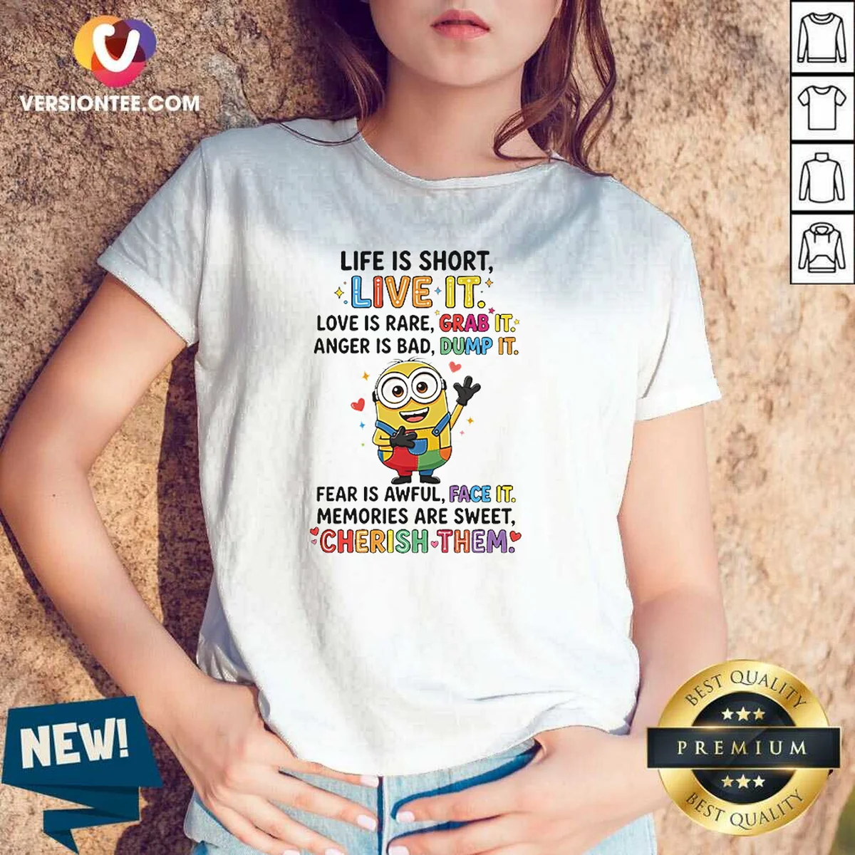 Pretty Minion Life Is Short Live It Love Is Rare Grab It Anger Is Bad Dump It Fear Is Awful V-Neck Shirt