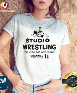 Pretty Studio Wrestling Live From The WIIC Studios Channel 11 Pittsburgh V Neck Shirt v neck optimized, black short sleeve women's V neck tee