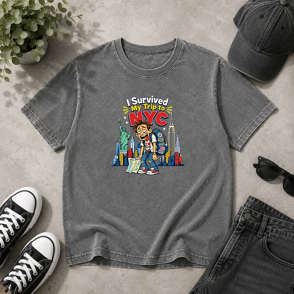 Top NYC Trip Survivor Vector printed on a soft washed t shirt with a classic fit