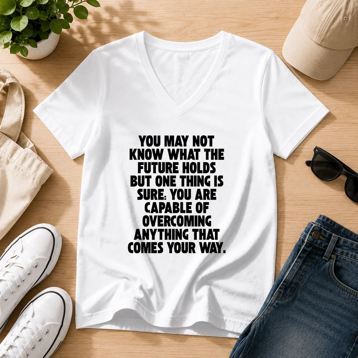 Top You Are Capable Of Overcoming Anything That Comes Your Way V Neck Shirt in soft fabric with motivational text