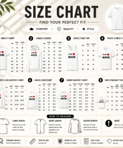 Size chart for Awesome Vids Ich Love Bier with measurements in inches and cm to help choose the right fit