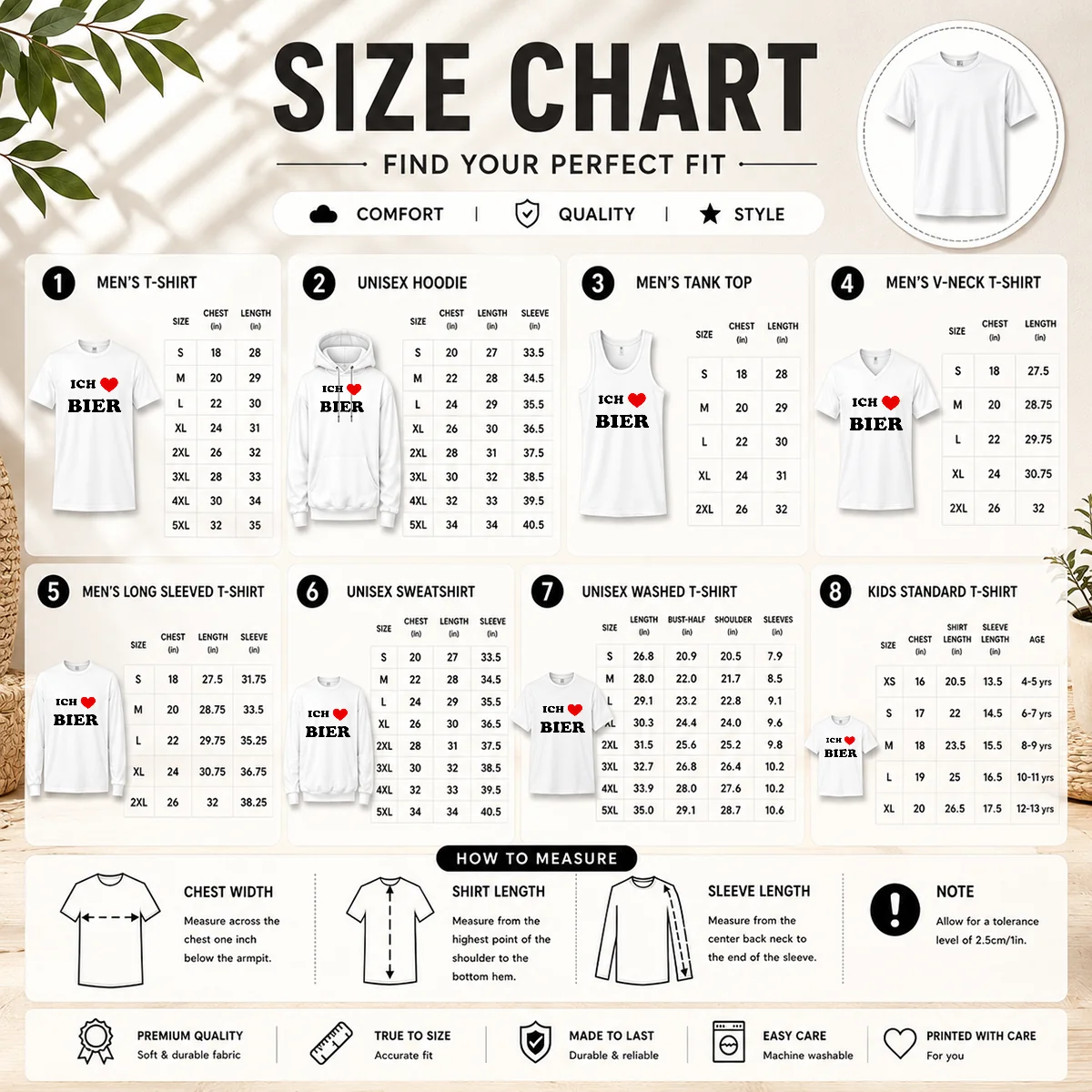 Awesome Vids Ich Love Bier Size Chart Size chart for Awesome Vids Ich Love Bier with measurements in inches and cm to help choose the right fit