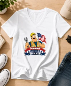 Hot Labour Day Patriotic Worker Cartoon V-Neck Shirt