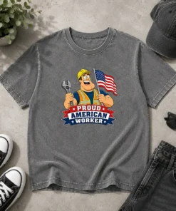 Hot Labour Day Patriotic Worker Cartoon Washed T-Shirt