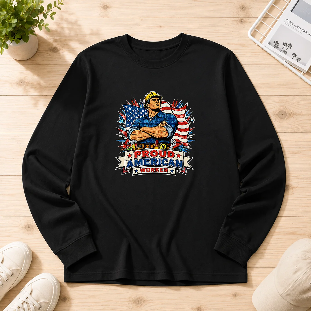 Original Labour Day Proud American Worker Pop Art Long Sleeve Shirt