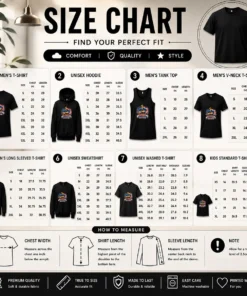 Size chart for Original Labour Day Proud American Worker Pop Art with measurements in inches and cm to help choose the right fit