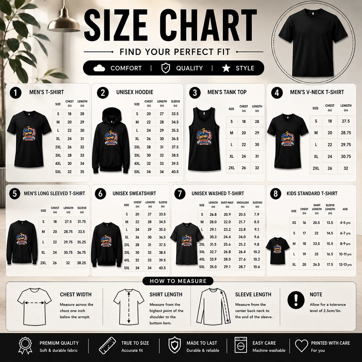 Original Labour Day Proud American Worker Pop Art Size Chart Size chart for Original Labour Day Proud American Worker Pop Art with measurements in inches and cm to help choose the right fit
