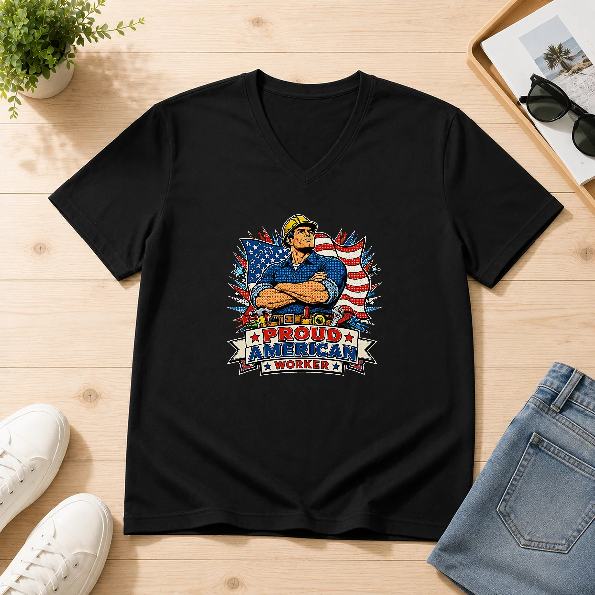 Original Labour Day Proud American Worker Pop Art V-Neck Shirt