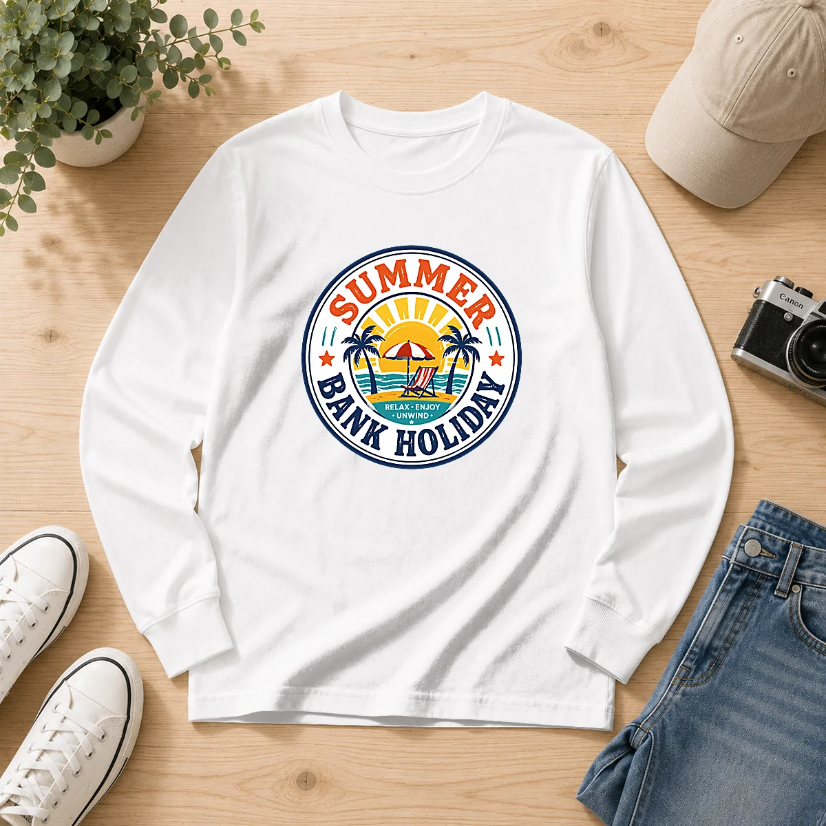 Pretty Vintage Badge Summer Bank Holiday Relax Enjoy Unwind Long Sleeve Shirt