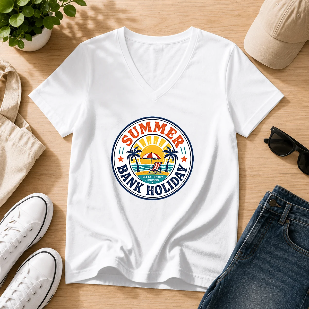 Pretty Vintage Badge Summer Bank Holiday Relax Enjoy Unwind V-Neck Shirt